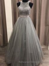 Gorgeous c A-line Scoop Beaded Long Semi Formal Prom Dresses Evening Gowns